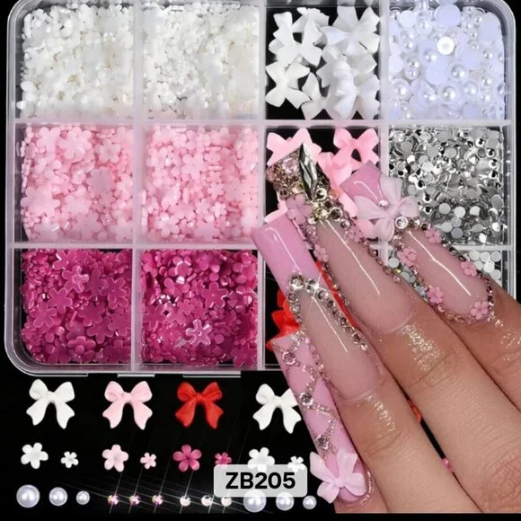 6 Pack Nail Art Flower Sticker & 2 Pack Resin Flowers Bows Pearls 3D Nail Charms - Picture 4 of 4
